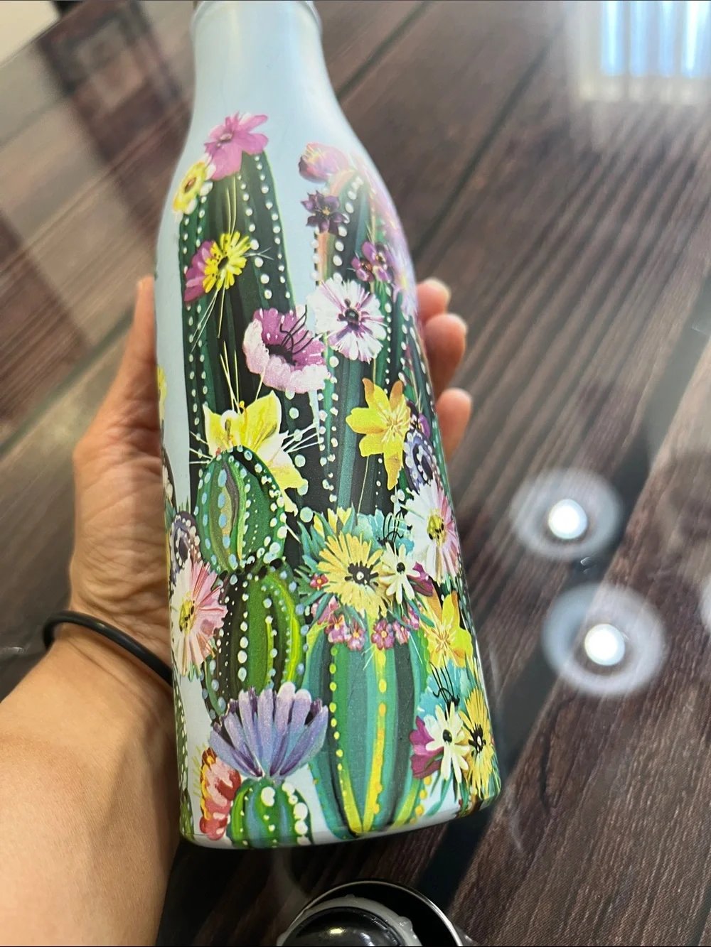 Studio Water Bottle with Light Blue and Green Cactus Print
